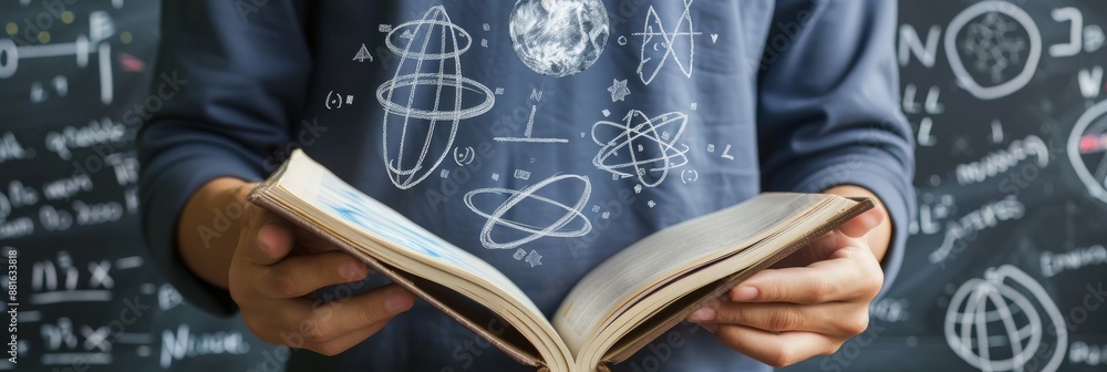 Poster a student focused on physics studies near a chalkboard, dealing with complex equations in an academi