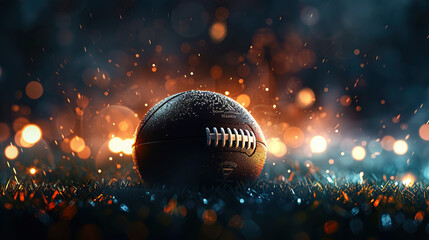 A dramatic shot of an American football on the field