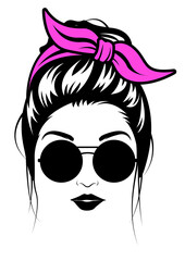 Messy Bun Hair | Bandana | Woman with Black Glasses | Purple Hair Bun | Hair Style | Woman Face | Black Lips | Woman Life | Original Illustration | Vector and Clipart | Cutfile and Stencil