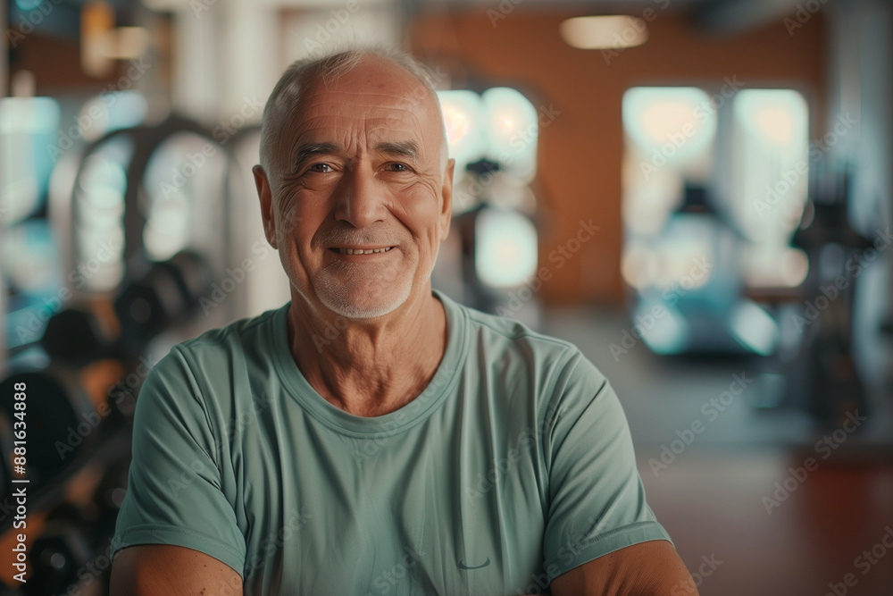 Canvas Prints man with a big smile on his face is posing in a gym. He is wearing a blue shirt and has his arms crossed. The gym is filled with various equipment, including a few dumbbells and a bench