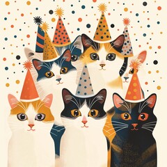 Party Cats in Festive Hats - Whimsical Flat Design Illustration with Happy Felines Celebrating