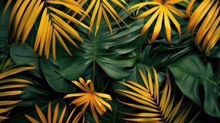 Tropical and palm yellow and green leaves. Minimalistic summer abstract pattern in the jungle or forest.