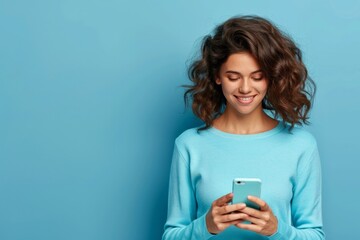 Naklejka premium Smiling Young Woman with Curly Hair Texting on Smartphone Against Blue Background. Horizontal banner with copy space