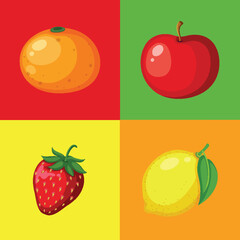 Four fruits in vibrant colored backgrounds