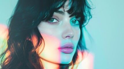 Close-up of a woman with wet hair, colorful light reflections on her face, creating a dramatic and artistic portrait.