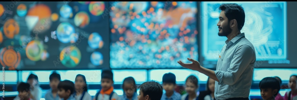 Poster In a hightech classroom, a teacher uses modern technology and multimedia to engage a diversified group of students in a lecture on astronomy, maintaining their enthusiasm and attention