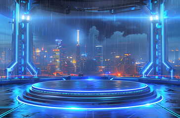 Obraz premium a scene of a room with a large circle and a building in the background