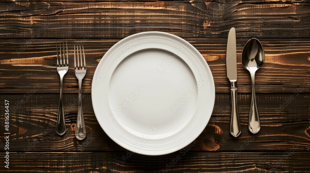 Poster top view of wooden table with empty plate silverware and space for meal