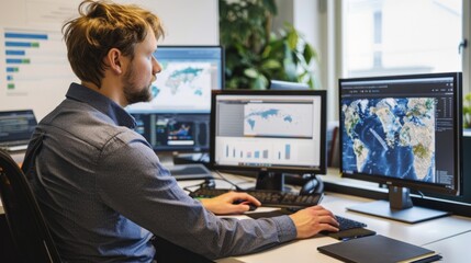 Airport meteorologists monitor radar displays in office. Weather forecast in office.