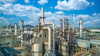 Fototapeta premium Aerial view Oil and Gas refinery plant Industrial petrochemical industry, Oil and gas refinery factory global business power and energy, Oil and gas refinery and petrochemical plant industrial,