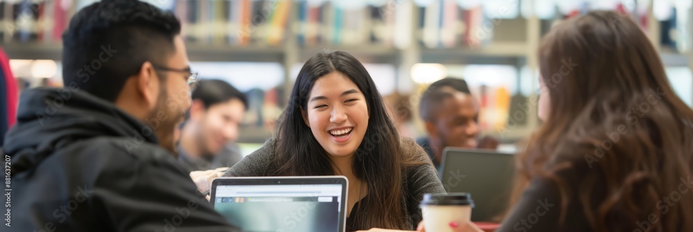 Aufkleber in a university library, a diverse group of students collaborate, sharing knowledge and interacting 