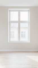 Fototapeta premium Large window filling a room with natural lighting in a minimalist interiors composition. Property interiors design with warm colors, minimal furniture and copy space.
