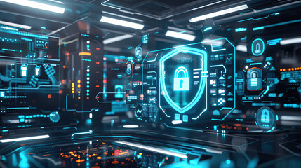 A futuristic digital security interface displaying holographic locks and data streams