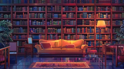 Fototapeta premium In the library, there are bookshelves filled with numerous books. A sofa is provided for reading. The setting resembles a bookstore or a cozy library. Bookish ambiance with bookcases around.