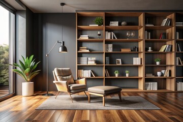 Simple yet elegant modern living room with a comfortable armchair, rich wooden flooring, and a floor-to-ceiling bookshelf against a sleek black wall, with ample copy space.