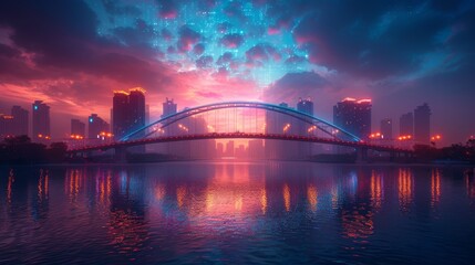 Obraz premium Stunning Cityscape with Illuminated Bridge at Sunset - Generative AI