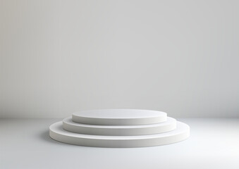 Clean and Sleek 3D White Podium with Three Tiers, Ideal for Modern Product Display, Mockup, Showcase