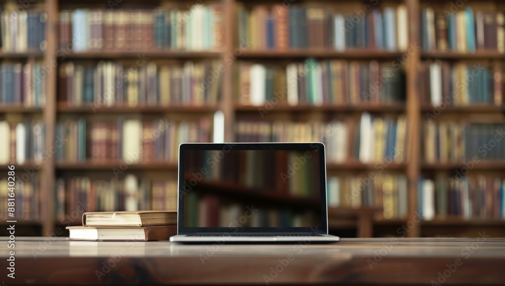 Poster in a warm and inviting library setting, a laptop sits on a wooden table surrounded by bookshelves, f