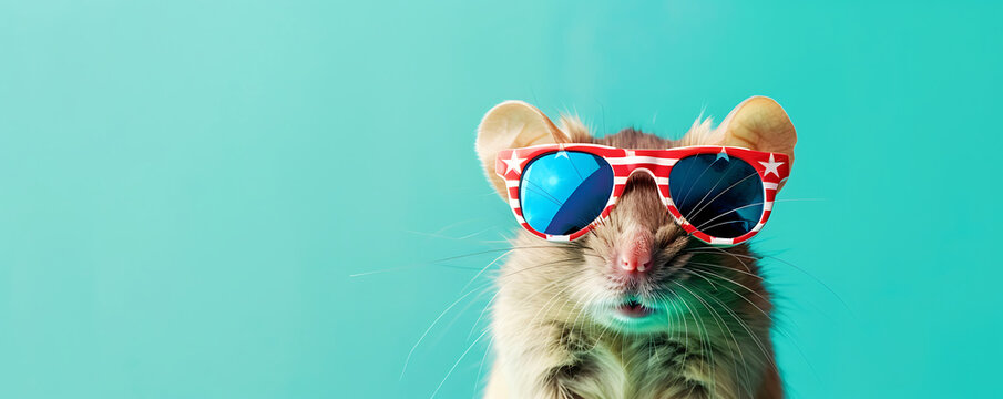 Portrait of a mouse wearing sunglasses with an American flag design featuring stars and stripes on a light background with space for text.