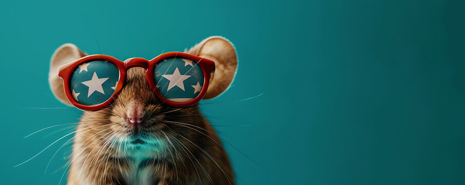 Portrait of a mouse wearing sunglasses with an American flag design featuring stars and stripes on a light background with space for text.