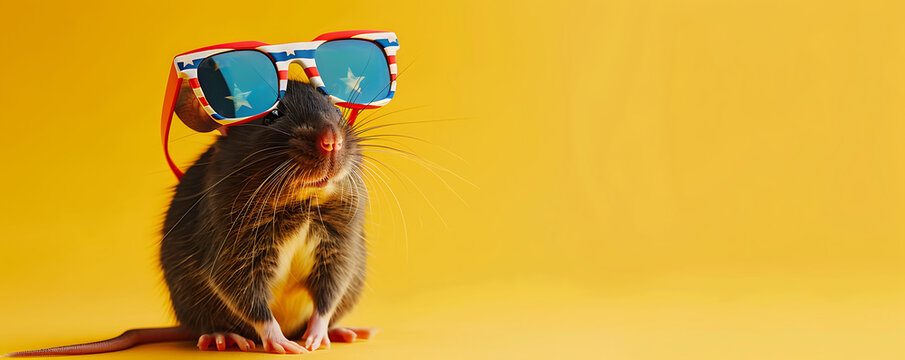 Portrait of a mouse wearing sunglasses with an American flag design featuring stars and stripes on a light background with space for text.