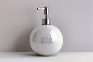 Modern round white soap dispenser with sleek chrome pump on a minimalist background.