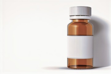 Small amber medicine bottle with a white label and cap on a plain white background