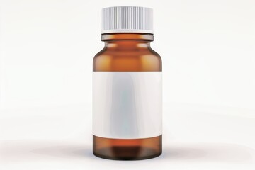 Amber glass bottle with blank label and white cap for pharmaceutical packaging or essential oils