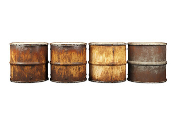Fototapeta premium Rusty industrial oil barrels, weathered metal drum set, brown steel containers for factory storage and hazard concept isolated on Transparent Background