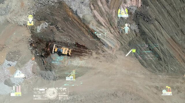 aerial view shot mining, dumpers, quarrying extractive industry stripping work. Big Mining Trucks. View from drone at opencast mining with lots of machinery trucks. High quality 4k footage