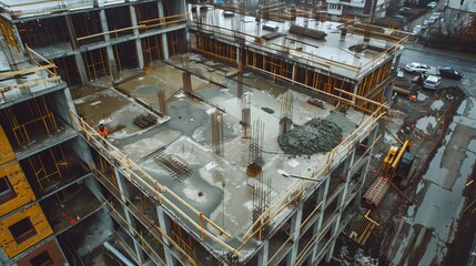 Pouring concrete for commercial building floors during construction results in a concrete slab.