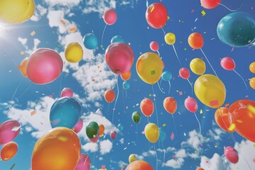 Colorful balloons float amidst confetti in a clear blue sky, celebrating a joyous occasion.