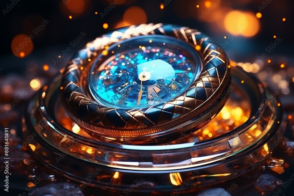 Aufkleber futuristic clock with rotating fractal dial, digital nebula, snake at 12 o clock close up