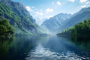 Serenity in Nature: Tranquil Mountain Range and Reflective Lake Under Clear Blue Skies