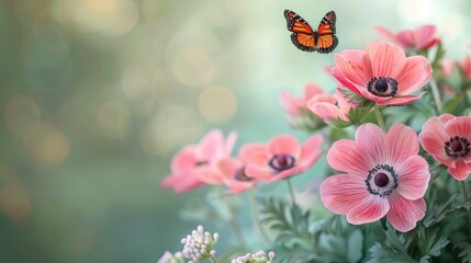 Beautiful pink flower anemones in spring with a butterfly on a soft green background. Spring template with free space.