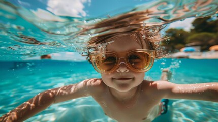 Naklejka premium A playful child in sunglasses swimming in the sea. Joyful summer vibes