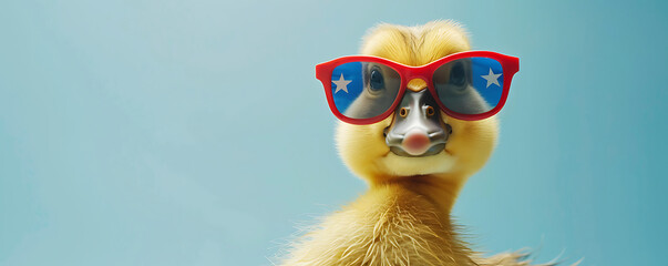 Fototapeta premium Portrait of a duck wearing sunglasses with an American flag design featuring stars and stripes on a light background with space for text.