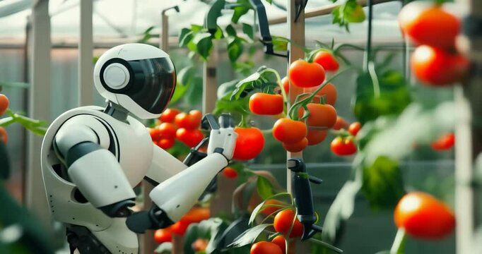Robotic harvester picks tomatoes in hightech greenhouse, showcasing modern farming techniques