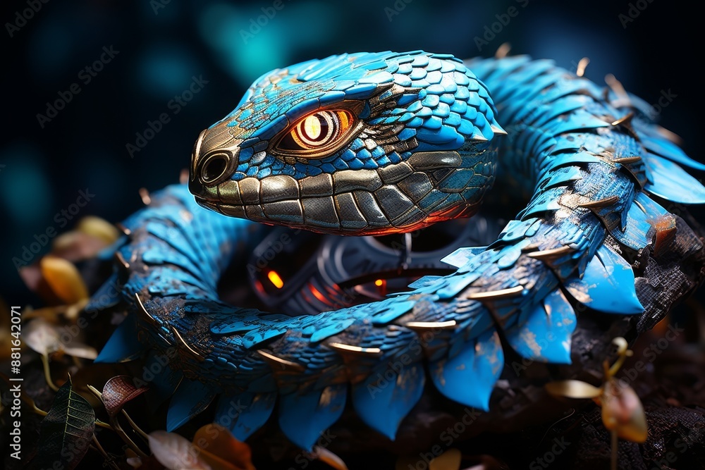 Aufkleber futuristic clock with fractal dial and digital nebula, snake at 12 o clock close up