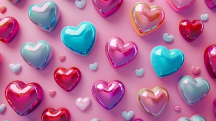Obraz premium Charming 3D cartoon hearts in vibrant hues, arranged on a soft pink canvas. Perfect for adorning Valentine's or Mother's Day celebrations.