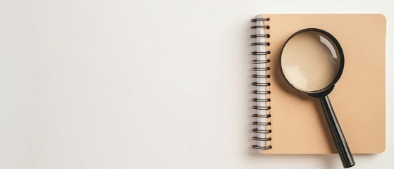 A magnifying glass focusing on a spiral notebook represents research and analysis for investigation, exploration, and study sessions, using tools like notebooks and magnifying glasses for examination