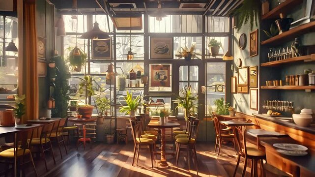 Cozy Caf&eacute; Interior with Greenery with Ai generated.

