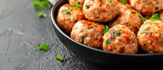 Fototapeta premium Close up of a bowl of golden brown meatballs, seasoned with herbs and spices.