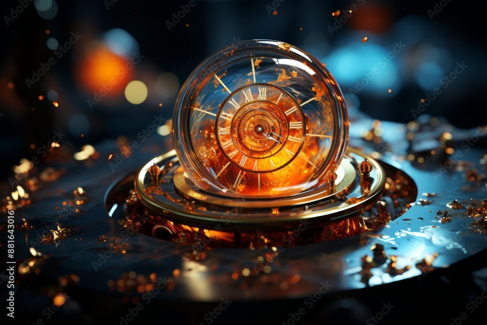 Poster futuristic clock with fractal dial in digital nebula, snail with glowing antennae crawling