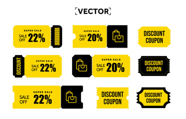 Fototapeta premium 3d pack of coupons in yellow color, shopping icon, barcode and shape, coupon code. Coupon set isolated on white background. Voucher template for special promotion. 3d Vector illustration. Vector