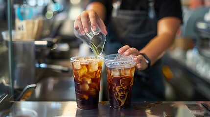 Serving iced coffee in a plastic cup is a barista