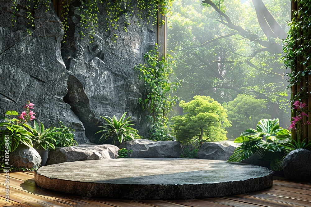 Poster a stone patio with a large tree in the background