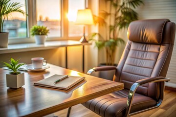 A serene office setting with a desk, chair, and soft lighting, awaiting a therapy session, with a notebook and pen laid out, conveying a sense of calm focus.
