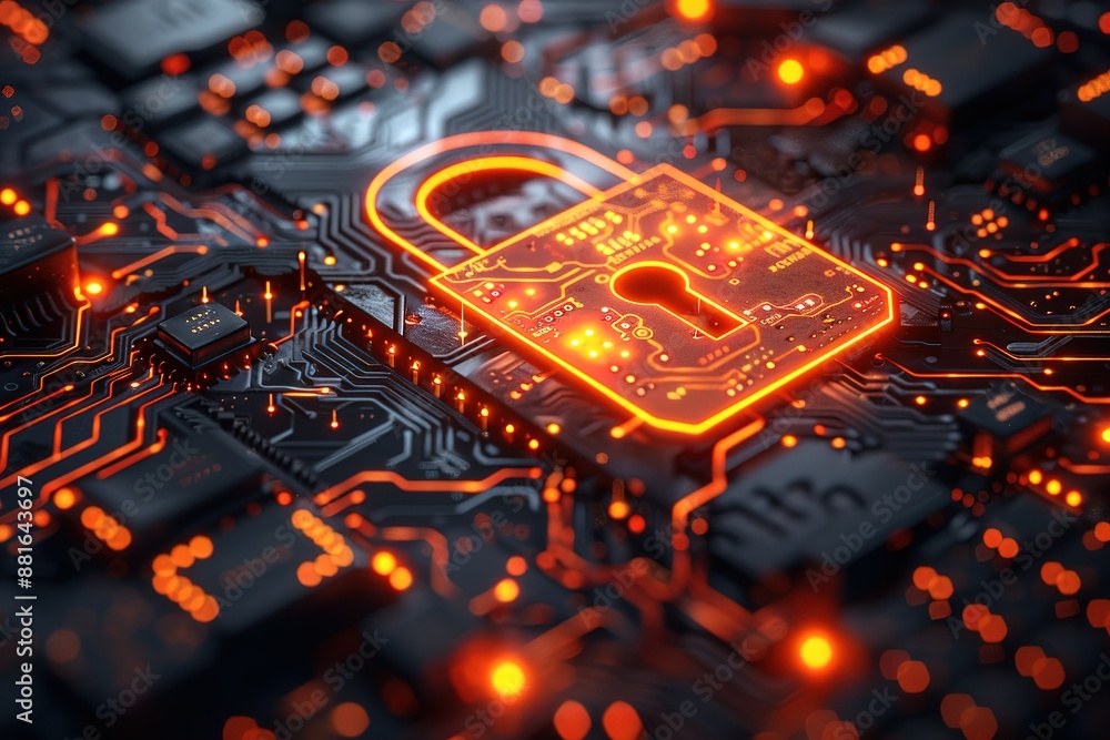 Poster a computer chip with a glowing lock on it