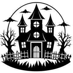 Halloween Haunted house silhouette, scene of ghost mansion. Vector illustration